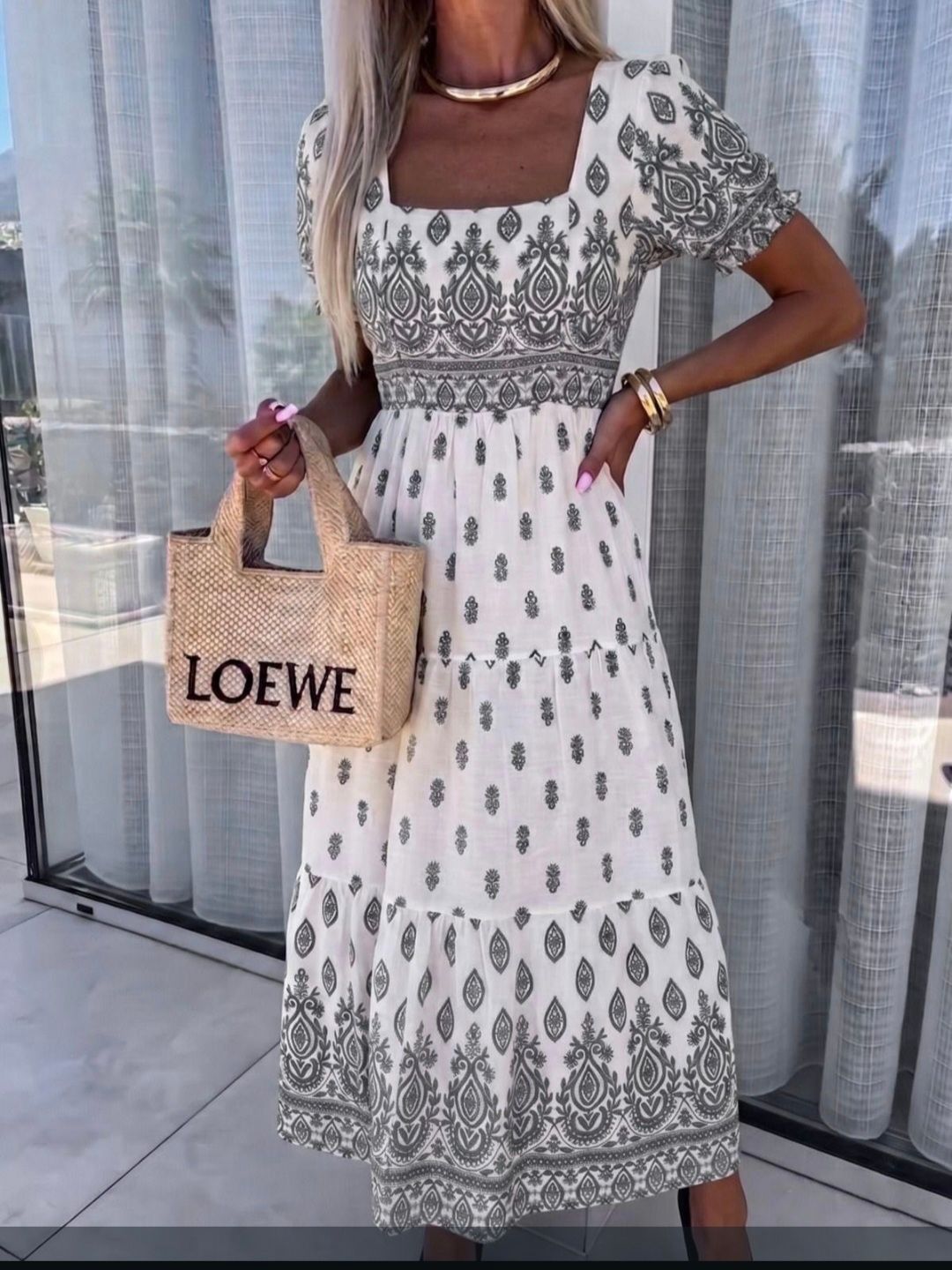 Pattern Boho Square Neckline Dress