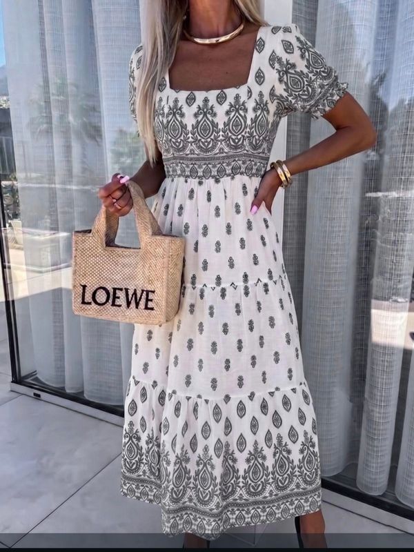 Pattern Boho Square Neckline Dress