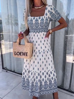Pattern Boho Square Neckline Dress