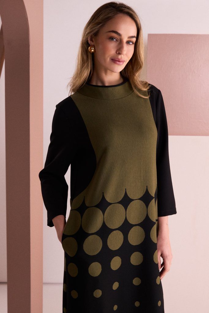 NAYA ​Spot Border Print High Neck Dress With Contrast Sleeve