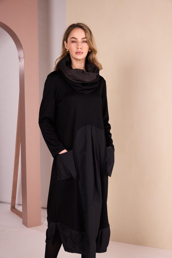 NAYA CURVED HEM DRESS WITH METAL SECTION AND NECKPIECE