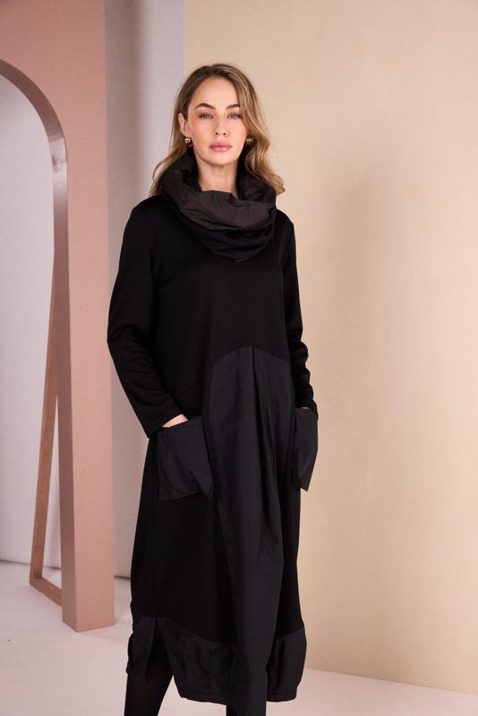 NAYA CURVED HEM DRESS WITH METAL SECTION AND NECKPIECE