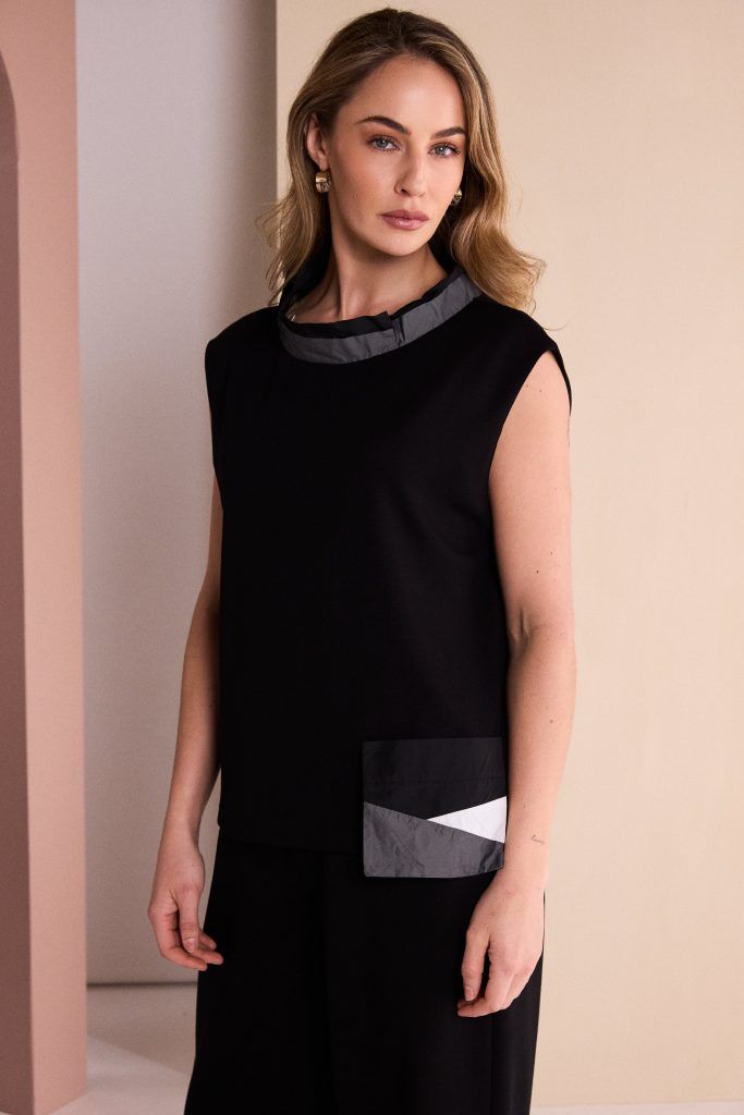 NAYA High Neck Top With Colour Contrast Metal Pocket And Neck Section