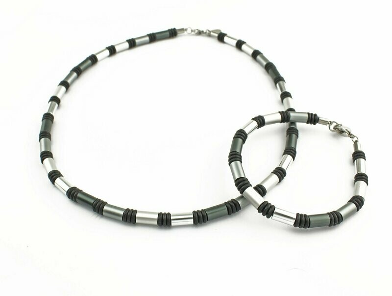 Surfer Stil Aluminium Set Halskette & Armband in Silber Grau für Ihn