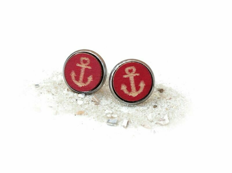 Holz & Edelstahl Cabochon  Ohrstecker "Anker" Kirschrot