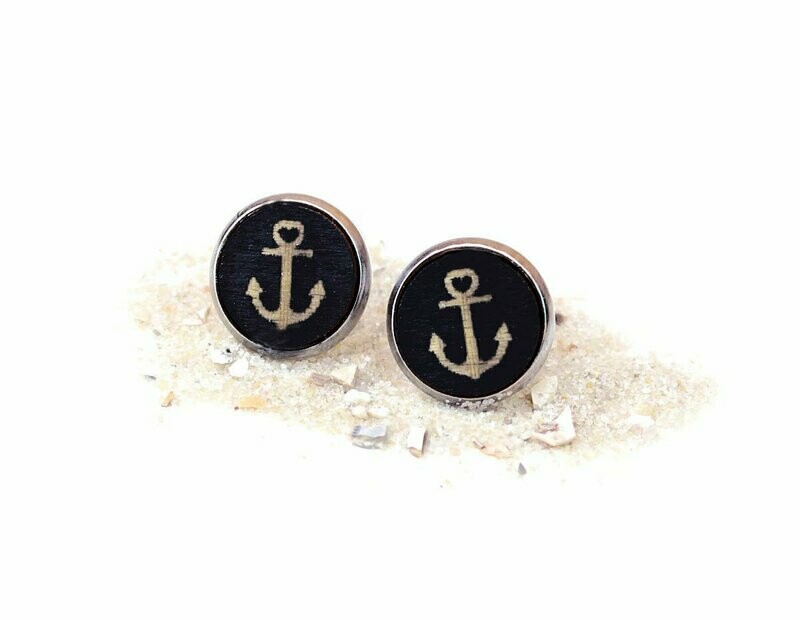 Holz & Edelstahl Cabochon  Ohrstecker "Anker" Schwarz
