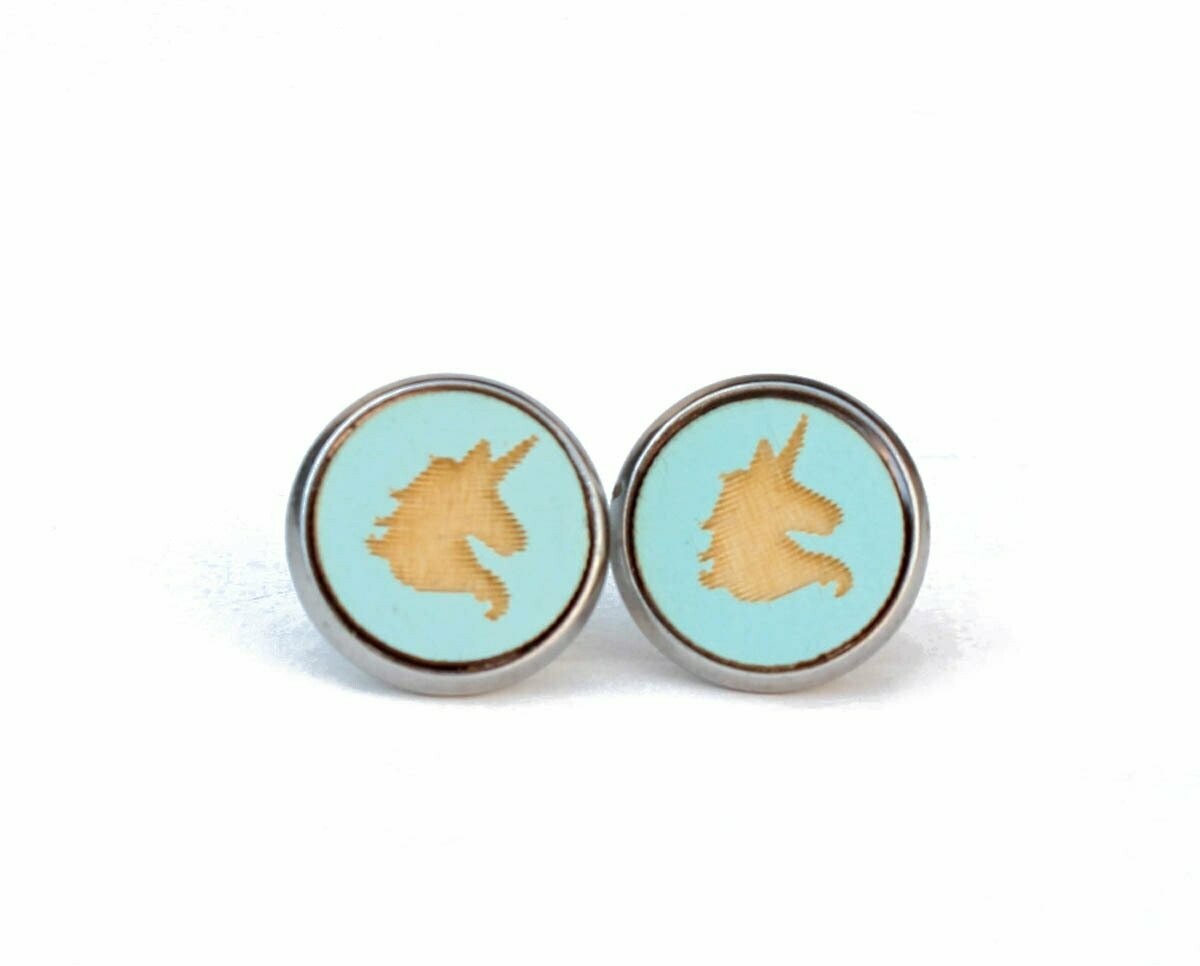 Holz & 316L Edelstahl Cabochon  Ohrstecker "Einhorn" Mint / Türkis
