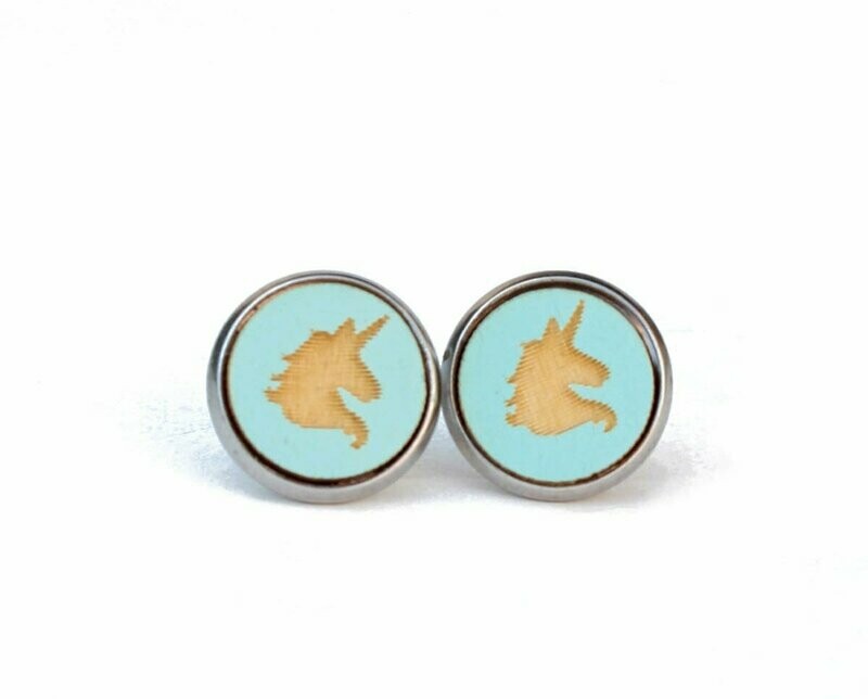 Holz & 316L Edelstahl Cabochon  Ohrstecker "Einhorn" Mint / Türkis