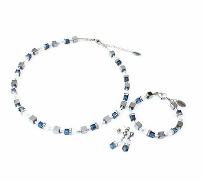 Würfelkettenset aus Glaskristall in Jeansblau und Hämatit