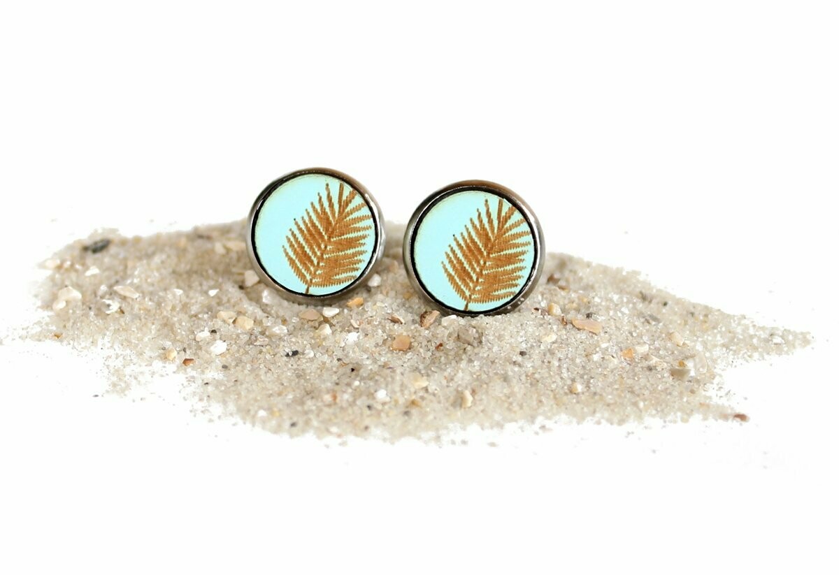 Holz & 316L Edelstahl Cabochon  Ohrstecker "Palme" Mint / Türkis