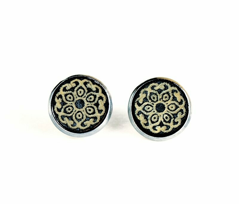 Holz & Edelstahl Cabochon  Ohrstecker "Mandala" Schwarz