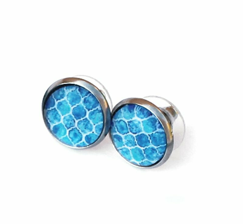 Edelstahl Cabochon Ohrstecker  "Meeresmosaik" in Aquamarin Türkis