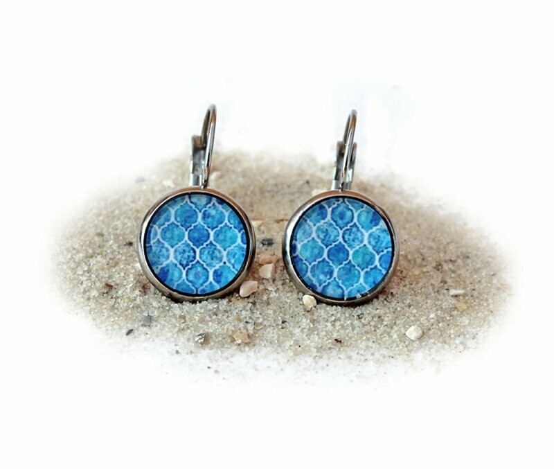 Edelstahl Cabochon Ohrhänger "Meeresmosaik" in Aquamarin Türkis