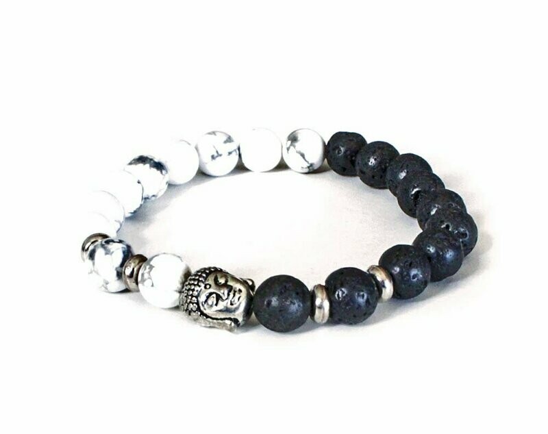 Buddhaarmband Schwarze Lava & Weisser Howlith