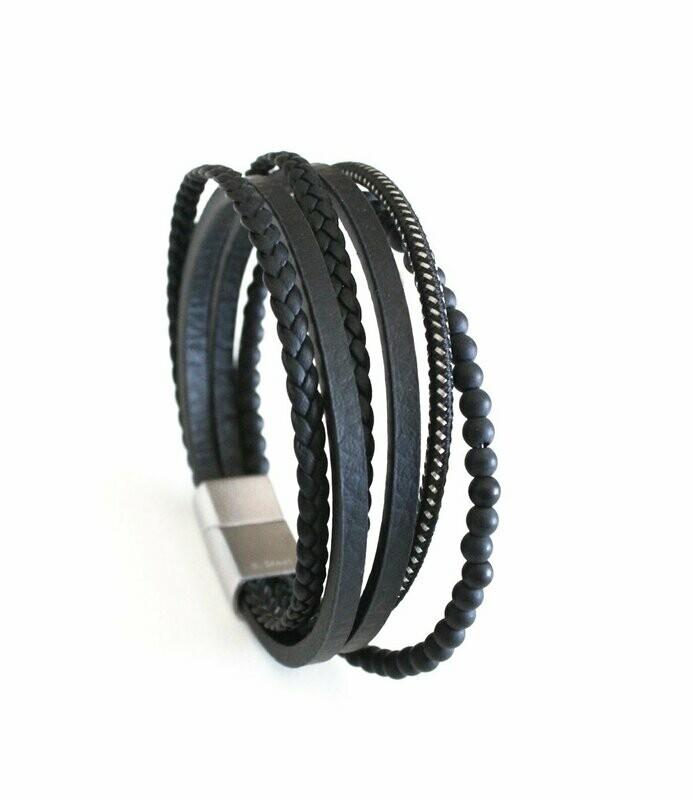 Elegantes Lederarmband im Materialmix mit Onyxperlen