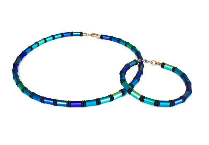 Surfer Stil Aluminium Set Halskette & Armband in Meeresblau für Sie oder Ihn