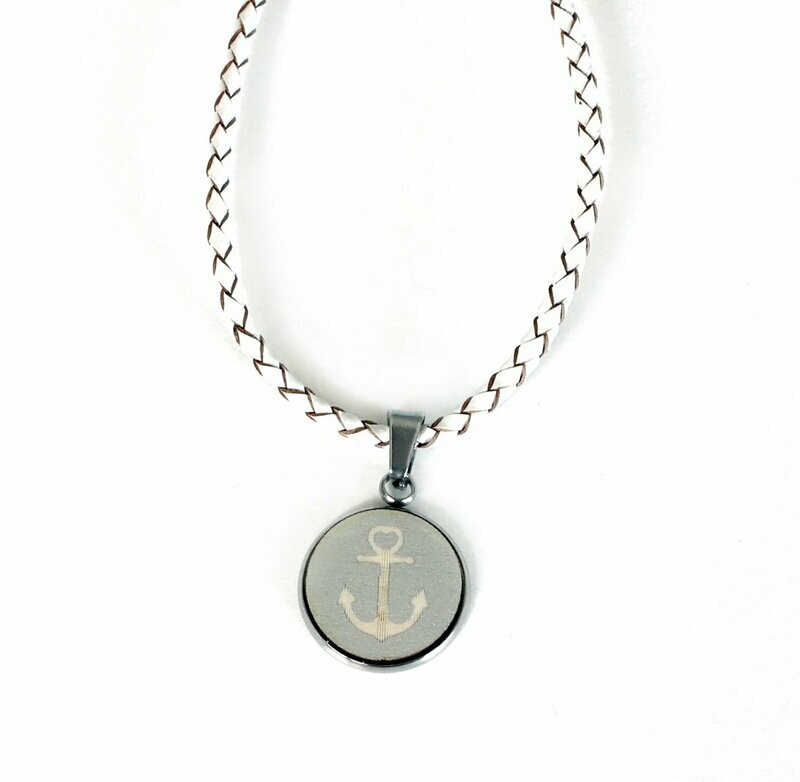 Cabochon Holzanhänger "Anker" in  Weiss & Metallic Silber