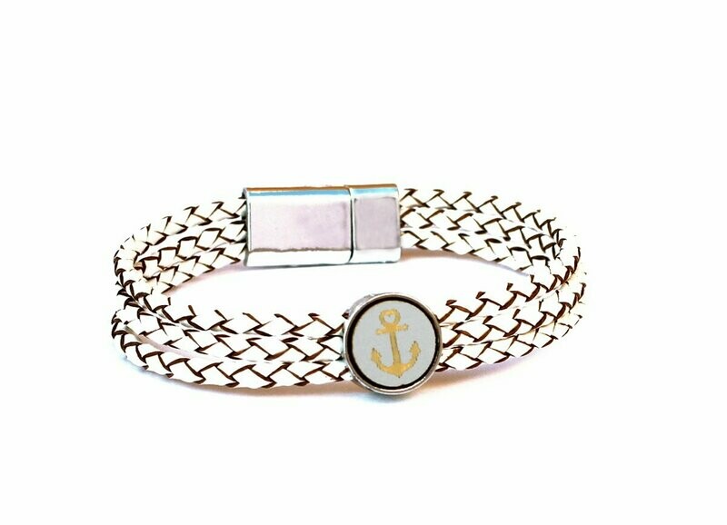 Cabochon Lederarmband "Anker" Weiss & Metallic Silber