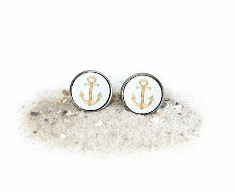 Holz & Edelstahl Cabochon  Ohrstecker "Anker" Silber Metallic