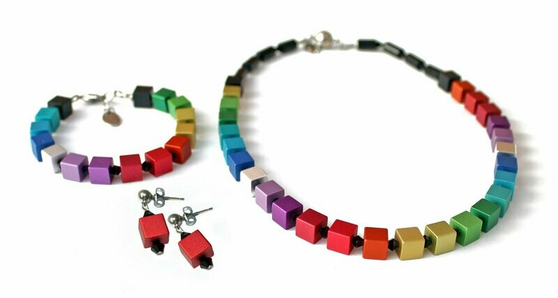Regenbogen Würfelkette im Set mit Armband & Ohrsteckern