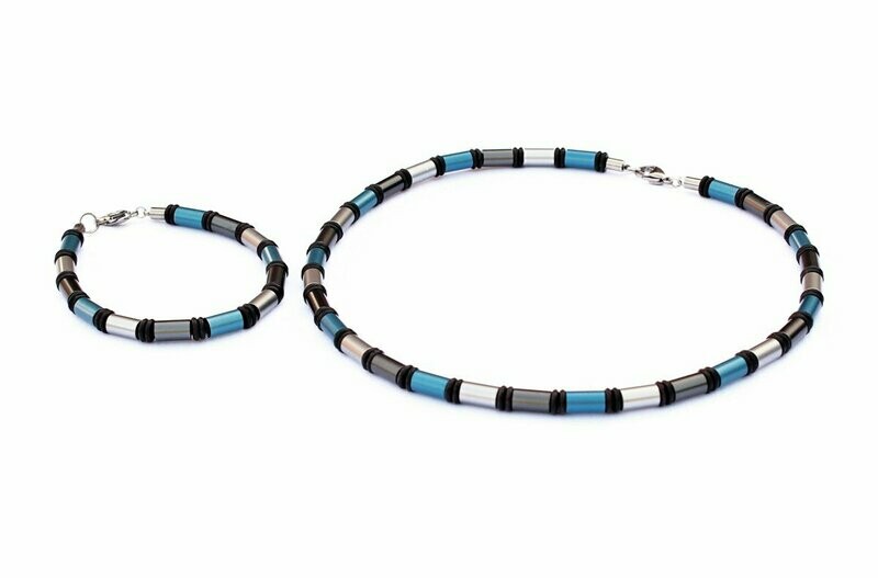Surfer Stil Aluminium Set Halskette & Armband in Anthrazit Grau & Jeansblau
