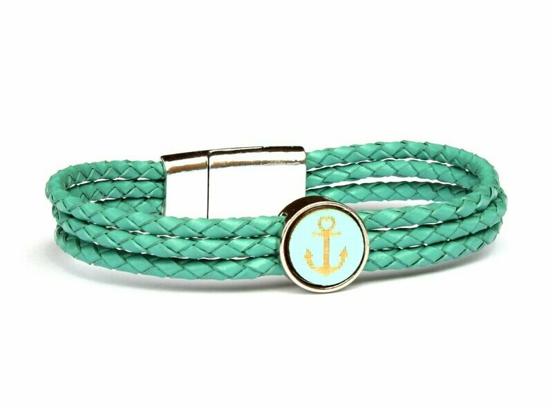 Edles Lederarmband mit Holz Cabochon  "Anker" in Mint / Türkis