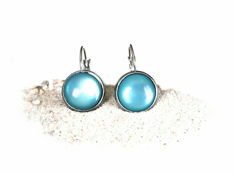 Edelstahl Cabochon Polaris Ohrhänger  in Aquamarin Türkis