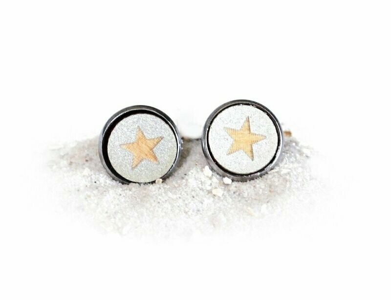 Holz & Edelstahl Cabochon  Ohrstecker "Stern" Silber Metallic