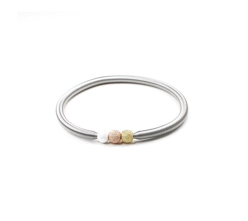 Edelstahl Stretch Armband mit 925 Silber Perlen Tricolor : Rosé, Gold & Weiss