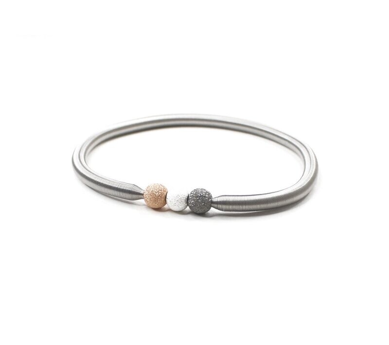 Edelstahl Stretch Armband mit 925 Silber Perlen Tricolor : Rosé, Weiss & Grau