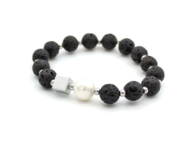 Elegantes Lavastein-Armband mit Mallorcaperle & Aluminium-Würfel