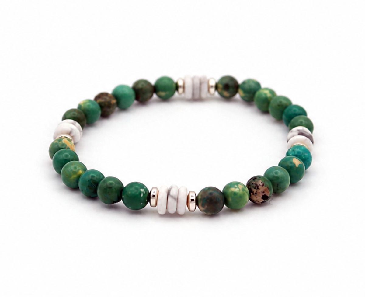 Grünes Jaspis-Armband mit Howlith & silberfarbenem Hämatit