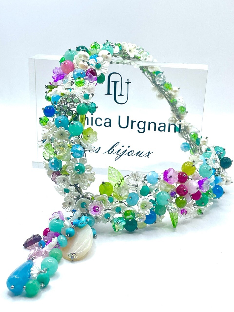 Collana fiori madreperla, pietre semiprezione agate