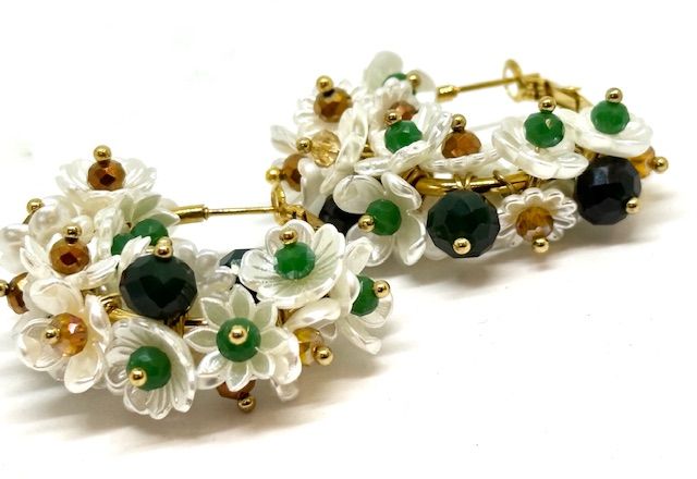 Orecchino Anello acciaio dorato trionfo di fiori e cristalli