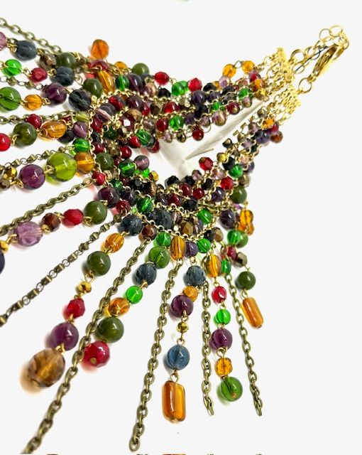 ​Collana retrò multifili in ottone trattato e pietre colorate
