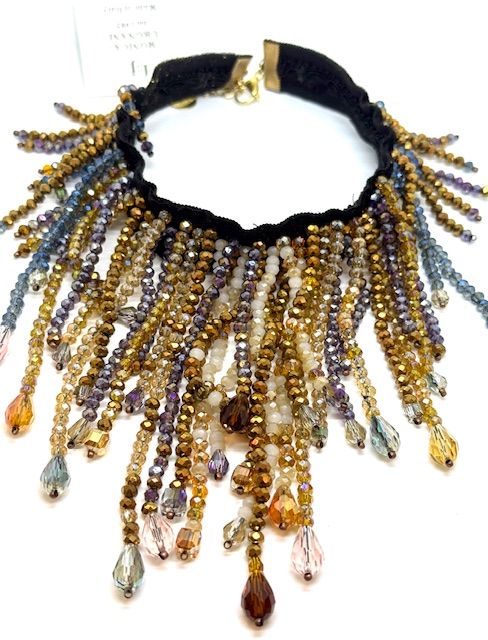 ​Collana girocollo collarino con cascata di cristalli tondi e a goccia  sfaccettato, multicolor,