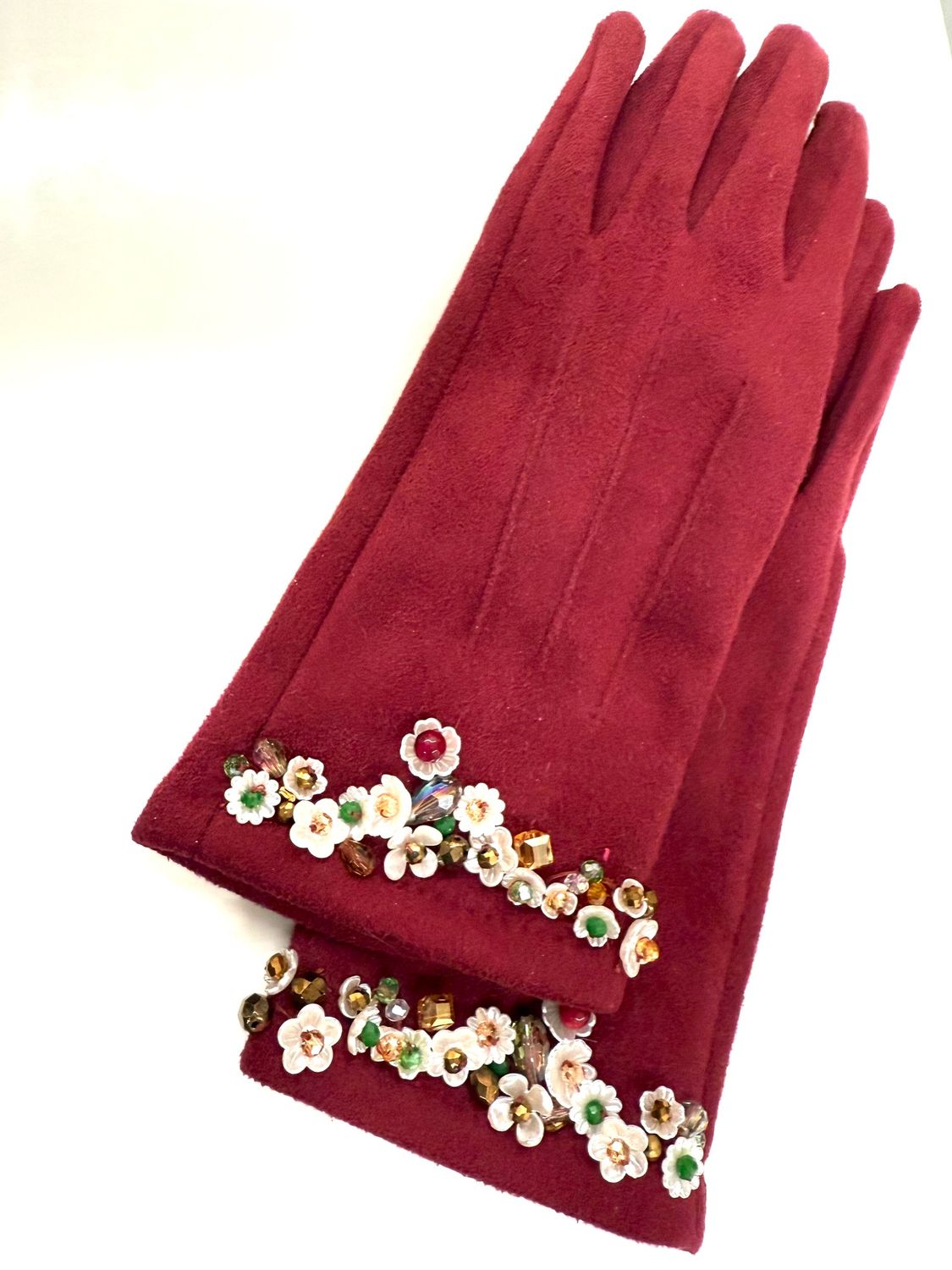 Guanti taglia unica ricamati a mano con fiori e cristalli.