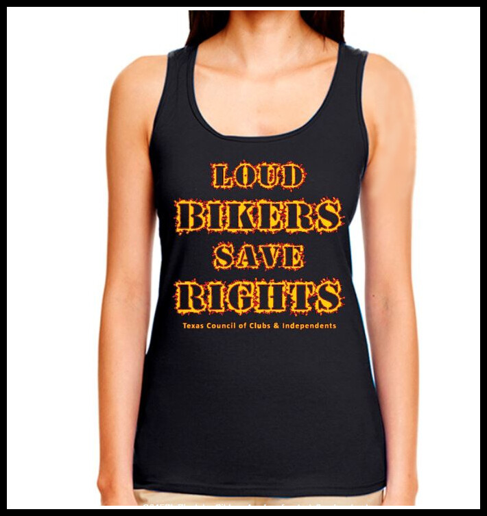 Loud Bikers Save Rights Ladies' Tank Top (black w/ red & gold print)  Features: Pre-Shrunk, Slim fit, 2x1 rib, Sideseam *Printed in batches of 24 and then shipped