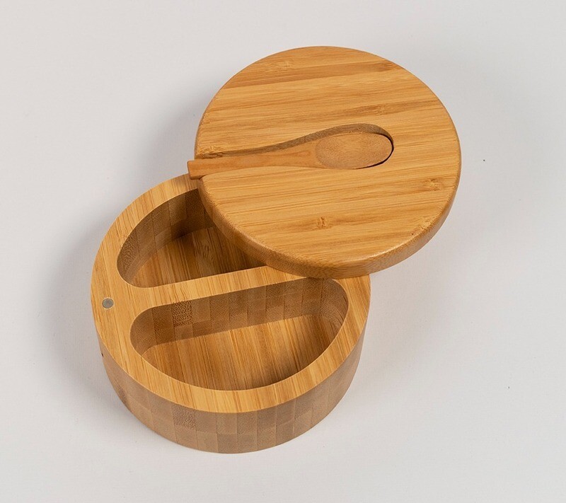 Cuenco de bambú con tapa giratoria para especies 2 divisiones WK43002A 12x12x5.8 Cm