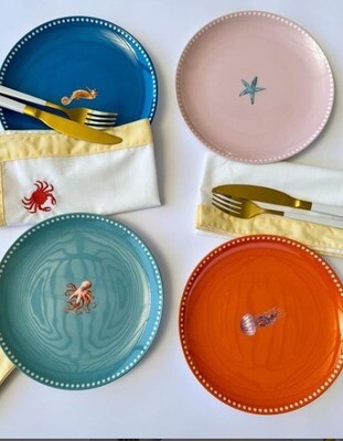 Set de 4 platos de cerámica 8" Multicolor diseño Animales Marinos