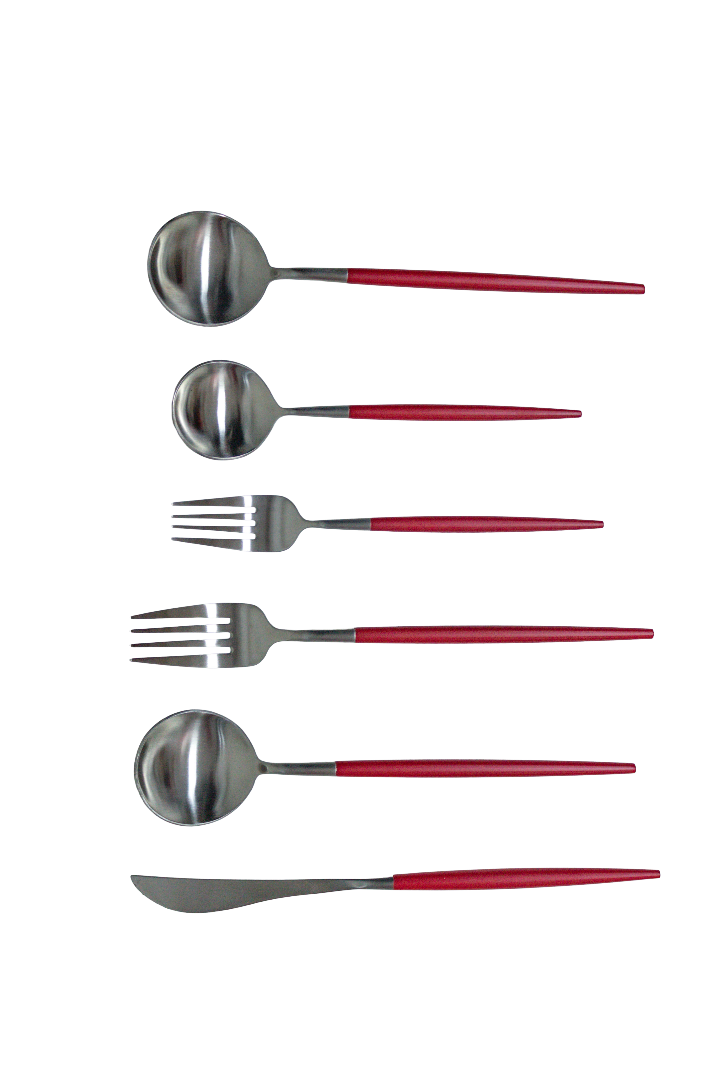 Set De 20 piezas de cubiertos plateados con mango rojo