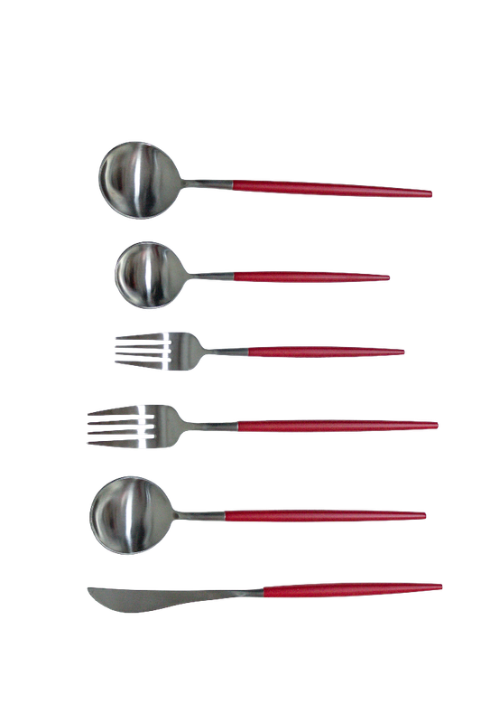 Set De 20 piezas de cubiertos plateados con mango rojo