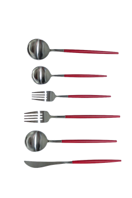 Set De 20 piezas de cubiertos plateados con mango rojo