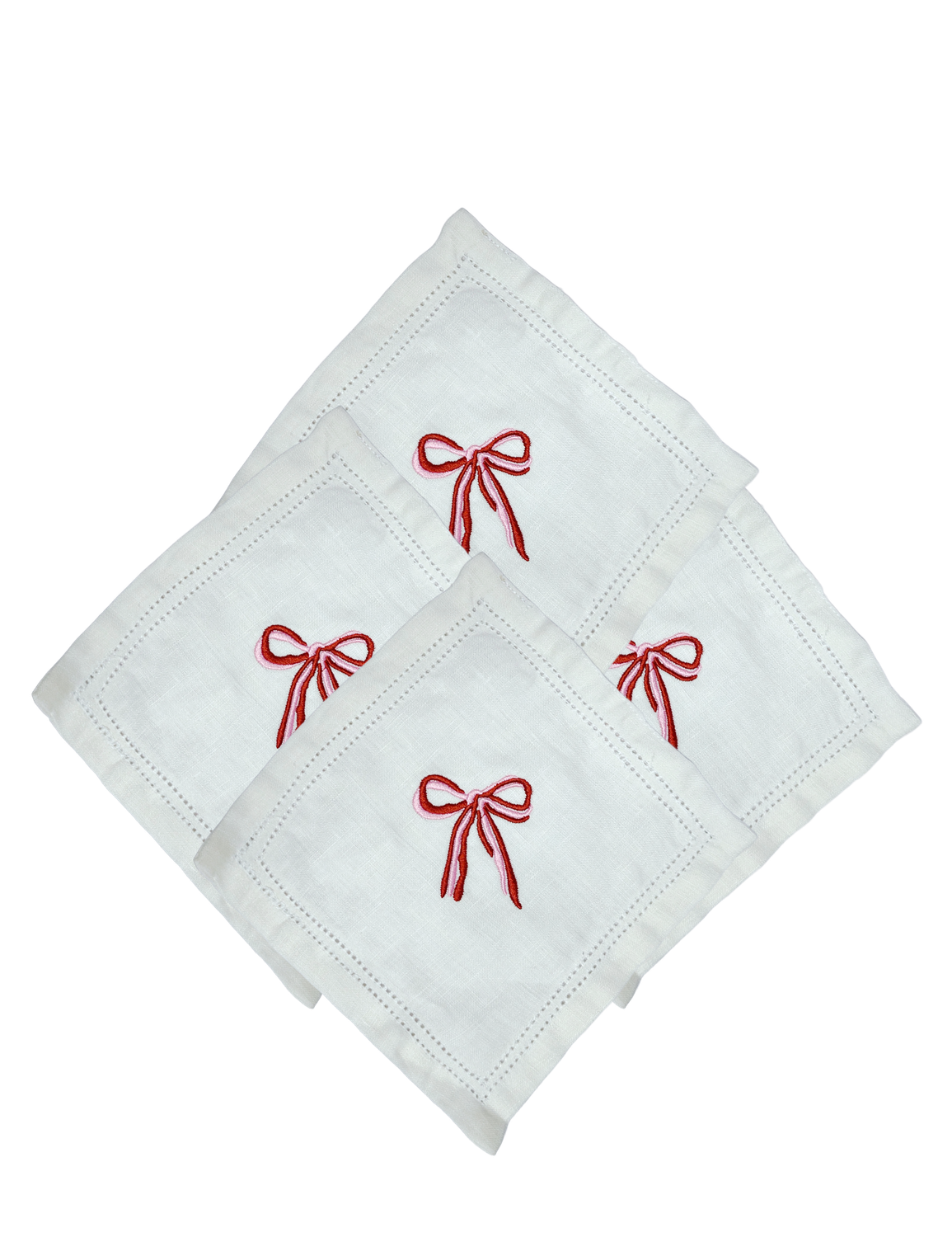 Set De 4 Servilletas De Lino 100% Algodón Blanco bordado Moña Set De 4 Servilletas De Lino 100% Algodón Blanco bordado Moña