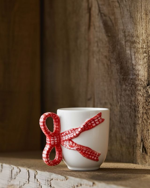 Taza de cerámica de 8Oz blanco c/relieve lazo rojo Taza de cerámica de 8Oz blanco c/relieve lazo rojo