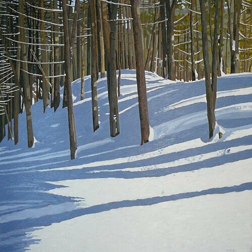 Landscape oil painting of snow and cedars in winter.