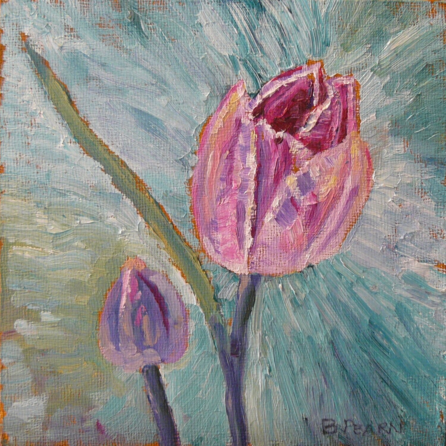 Small original floral oil painting of two tulips.
