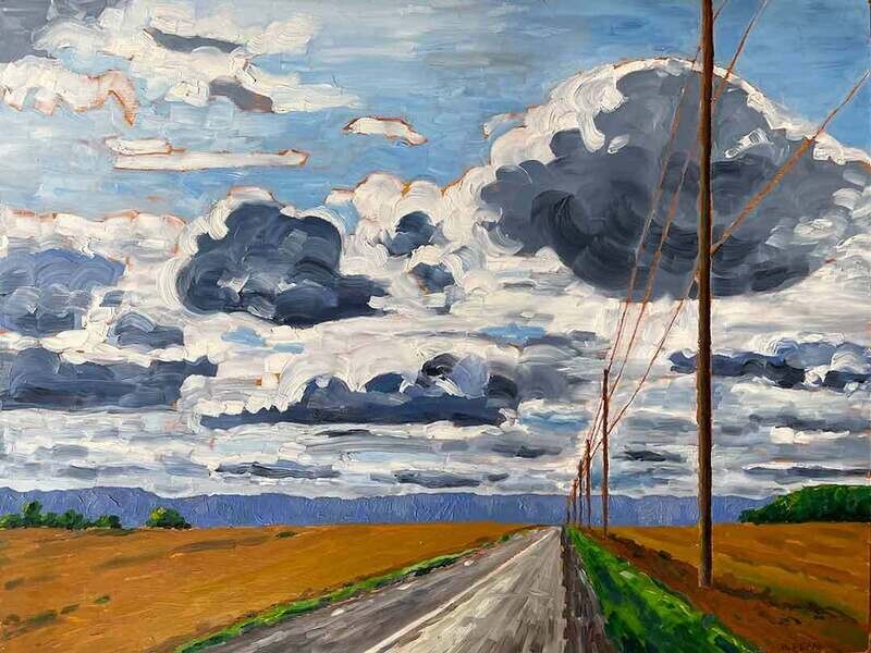 Original oil painting of the road and sky filled with clouds near Ravenna, Ontario.