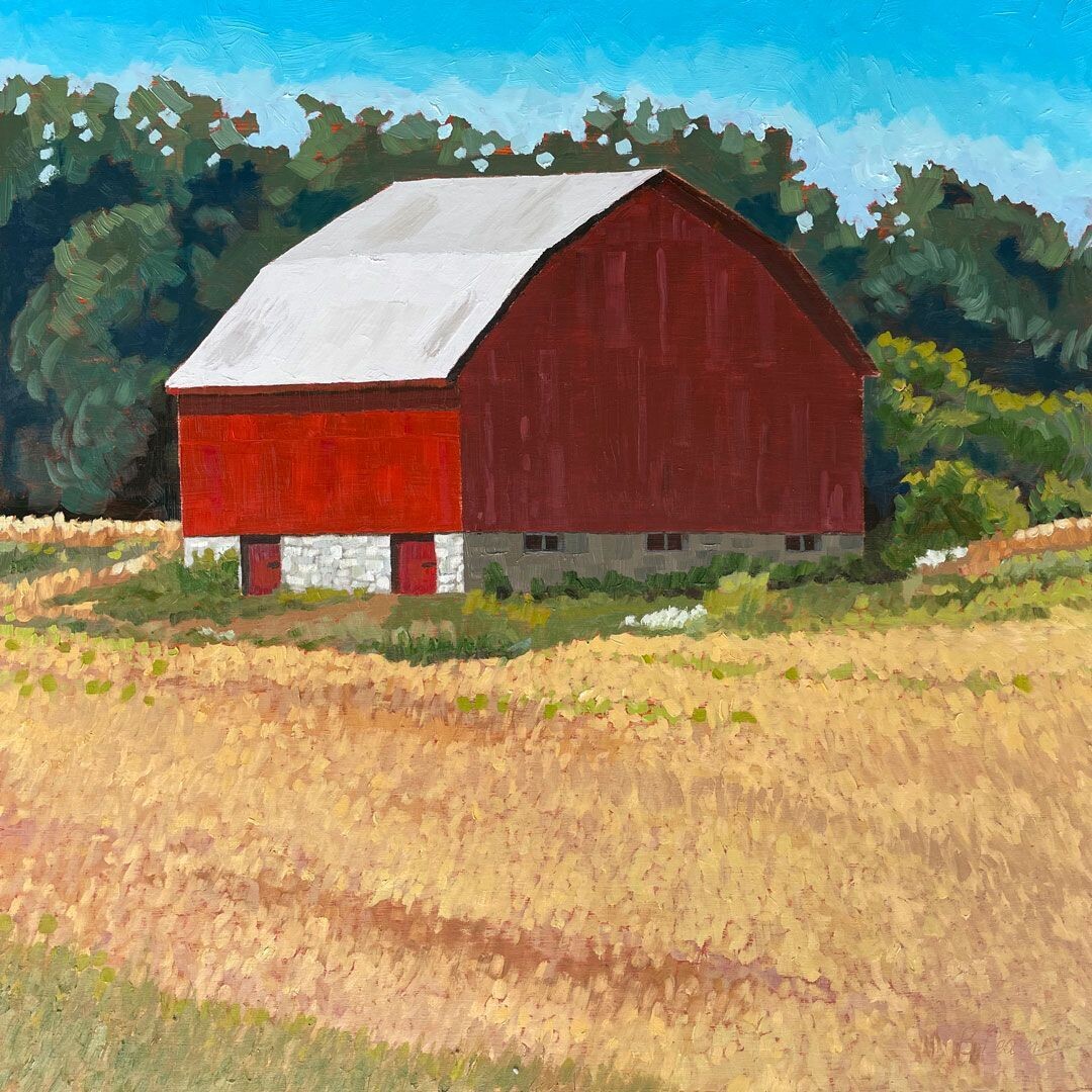 24x24 Landscape oil painting of a red barn in a field.