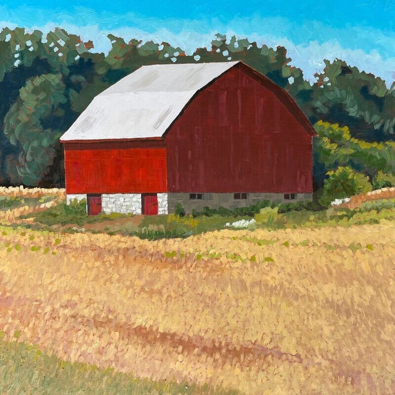 Landscape oil painting of a red barn in a field.